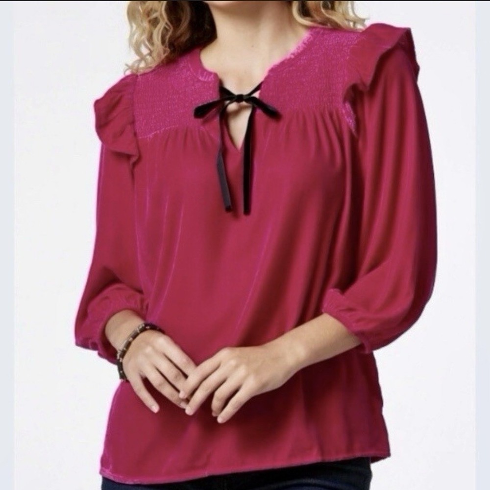 Cato Magenta‎ Velvet Smocked Ruffle Blouse L Neck Tie Victorian Coquette